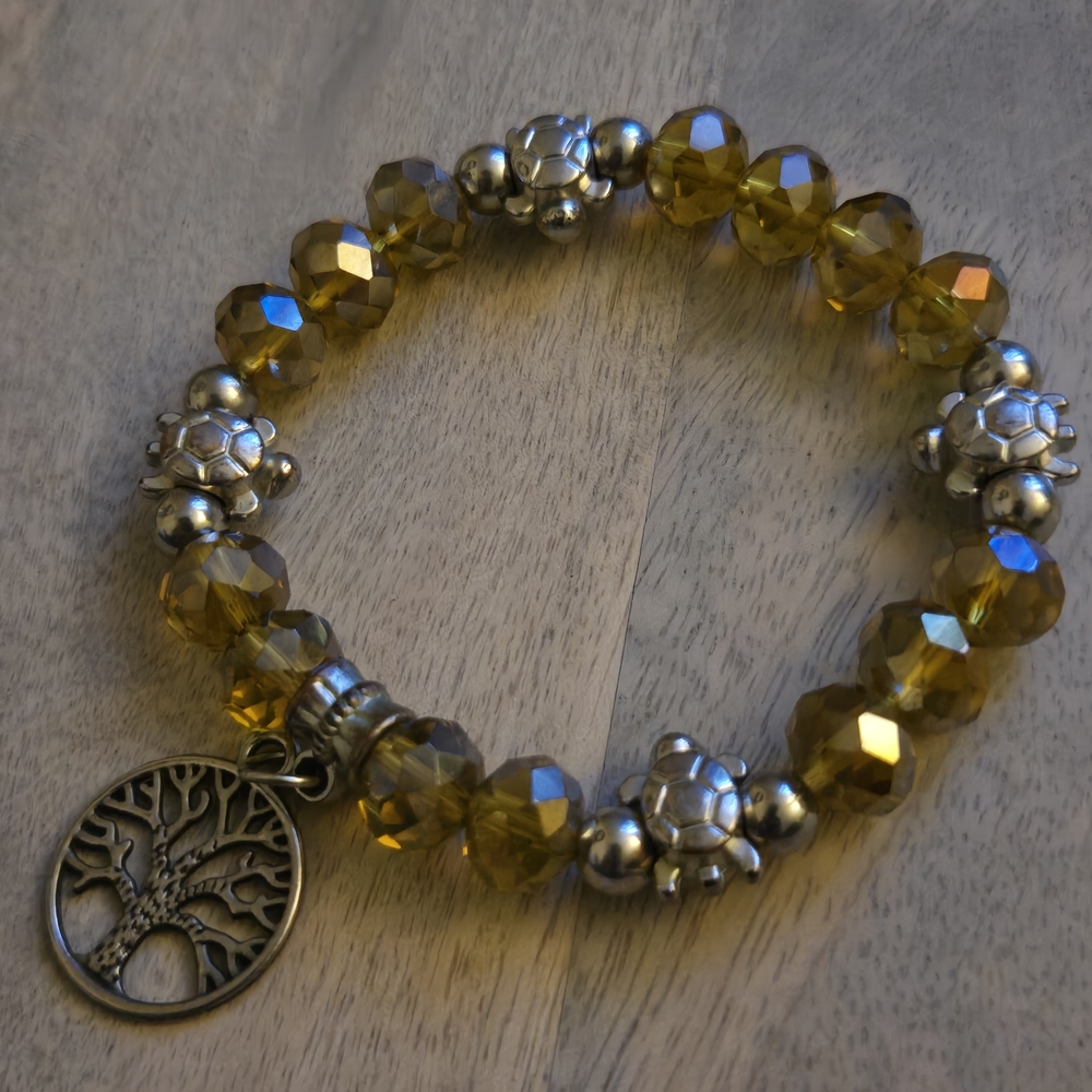 Amber Beaded Bracelet with Tree and Turtle Charms